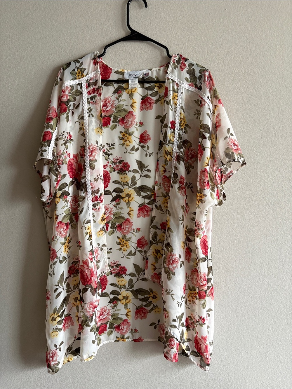 JODY White Floral Lace Trim Swim Kimono Coverup Hi-Low USA. Size L/XL
